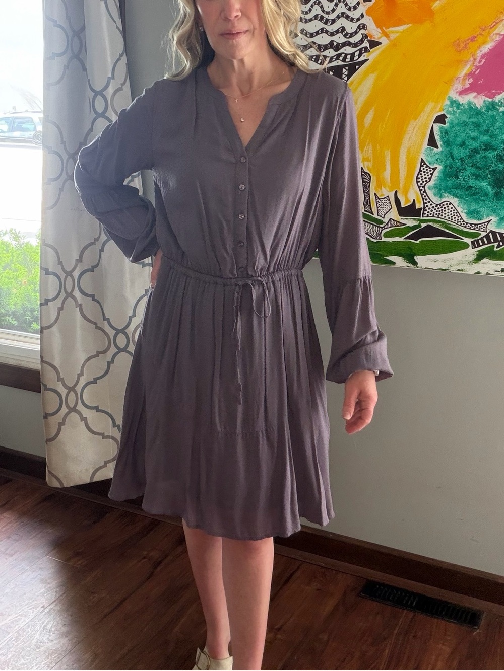 Maurices Mauve Button-Front Long Sleeve Drawstring Dress